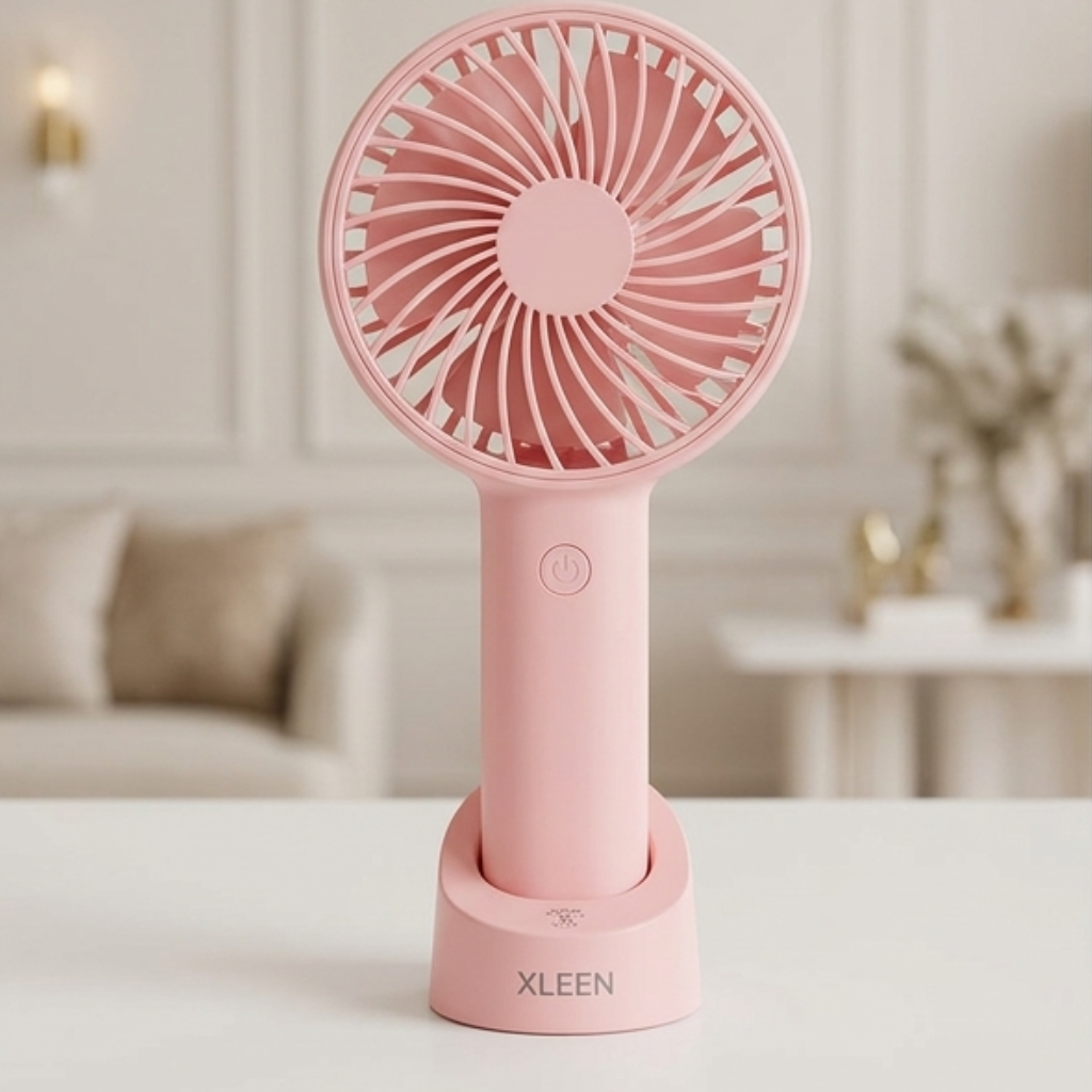 Chic Pink Handheld Mini Fan – Portable USB Rechargeable Fan with Desk Stand