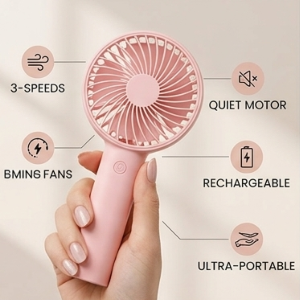Chic Pink Handheld Mini Fan – Portable USB Rechargeable Fan with Desk Stand